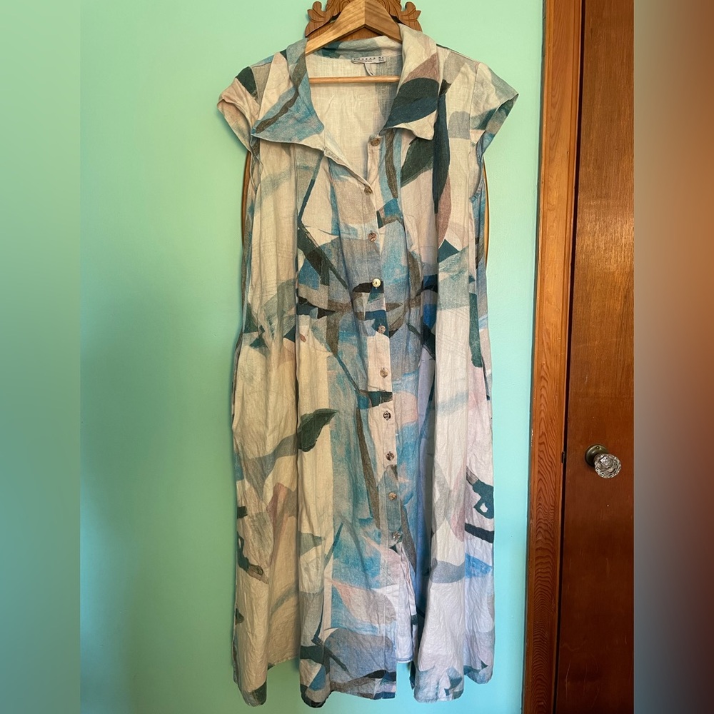 Luukaa Blue and Green Abstract Linen Dress